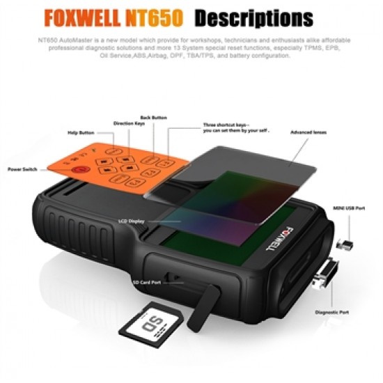 FOXWELL NT650 OBD2 Automotive Scanner Support ABS Airbag SAS EPB DPF Oil Service Reset