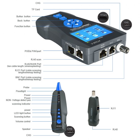 KOLSOL AT278 TDR Multi-functional LCD Network Cable Tester Tracker RJ45/RJ11/BNC/Metal Cable/PING/POE Cable Length Test With Port Flashing